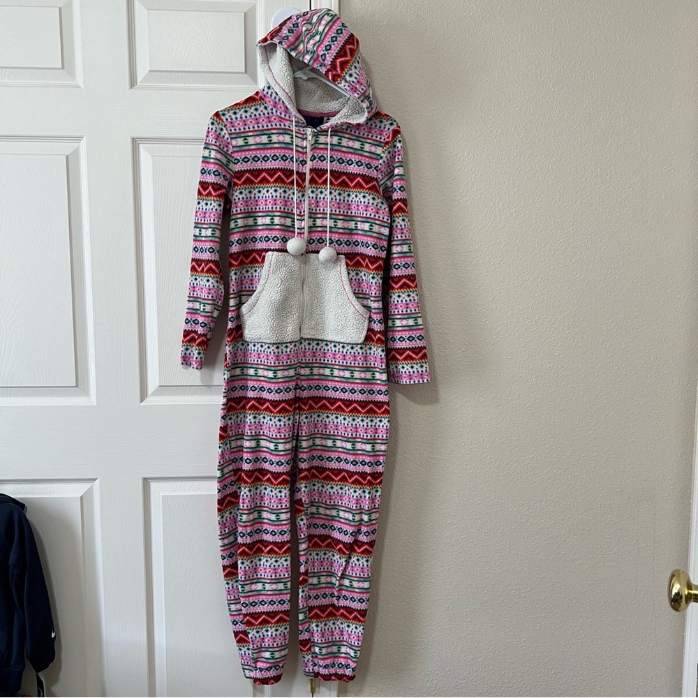 Women’s Red and Pink Fleece Pajama Romper with Hood and Fair Isle Pattern -Small